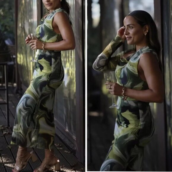 Zara | Printed Tulle Midi Skirt in Tie-Dye Green (Style 5039/808/131) - Picture 2 of 9